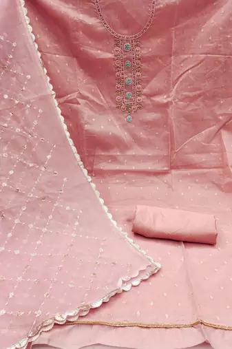 Pink Viscose Organza Banarasi Unstitched Dress Material