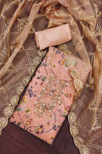 Peach Viscose Organza Banarasi Unstitched Dress Material