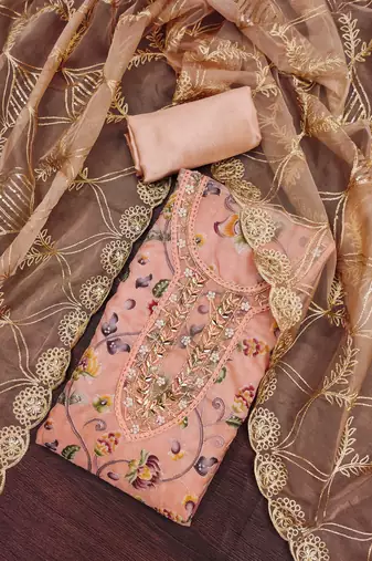 Peach Viscose Organza Banarasi Unstitched Dress Material