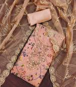 Peach Viscose Organza Banarasi Unstitched Dress Material