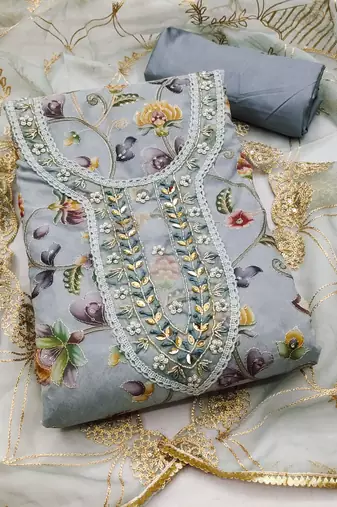 Grey Viscose Organza Banarasi Unstitched Dress Material