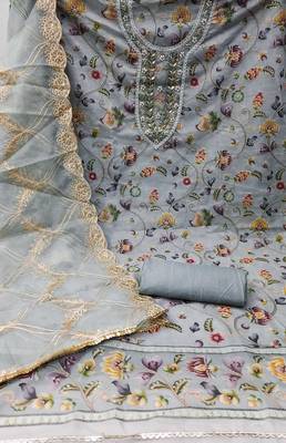 Grey Viscose Organza Banarasi Unstitched Dress Material 3