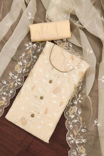 Cream Modal Chanderi Embroidered Unstitched Dress Material