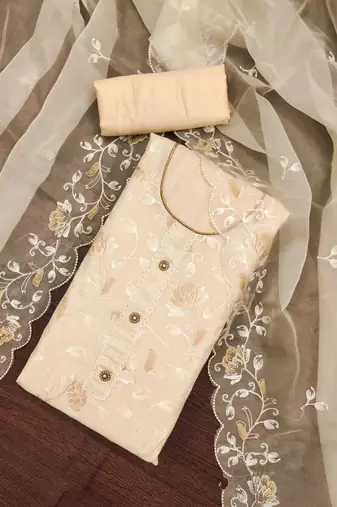 Cream Modal Chanderi Embroidered Unstitched Dress Material