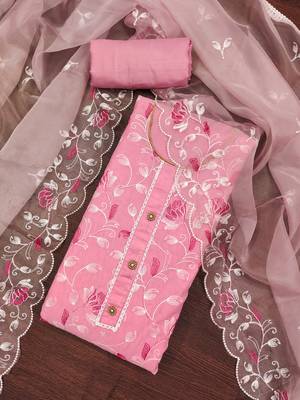 Pink Modal Chanderi Embroidered Unstitched Dress Material 1