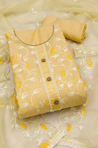 Yellow Modal Chanderi Embroidered Unstitched Dress Material
