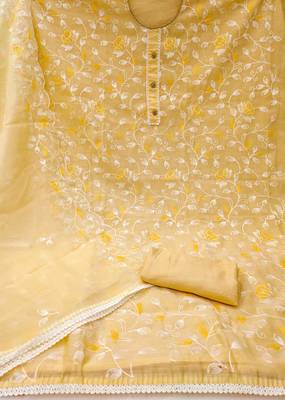 Yellow Modal Chanderi Embroidered Unstitched Dress Material 3