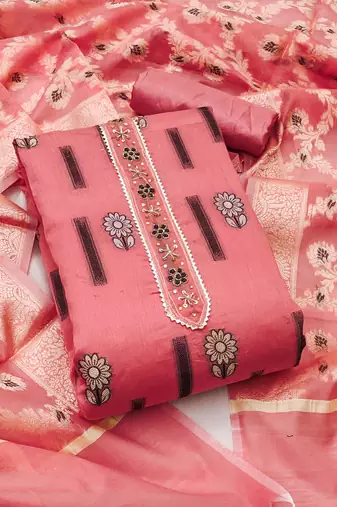 Peach Chanderi silk blend Unstitched Dress Material
