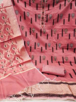 Peach Chanderi silk blend Unstitched Dress Material 3