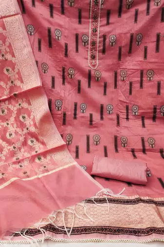 Peach Chanderi silk blend Unstitched Dress Material