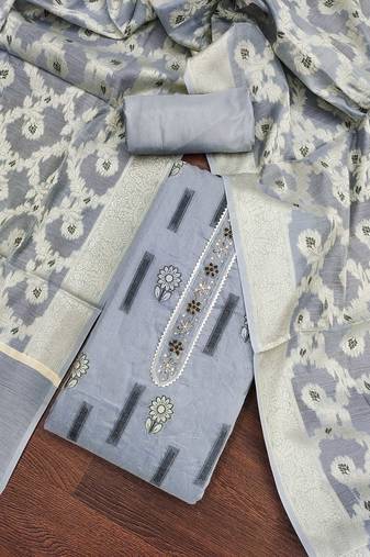 Grey Chanderi silk blend Unstitched Dress Material