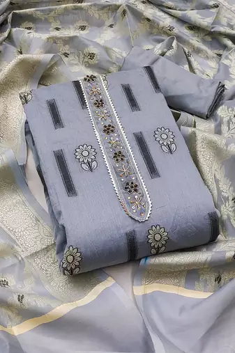 Grey Chanderi silk blend Unstitched Dress Material