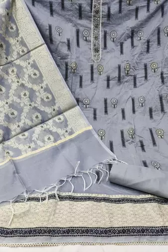 Grey Chanderi silk blend Unstitched Dress Material