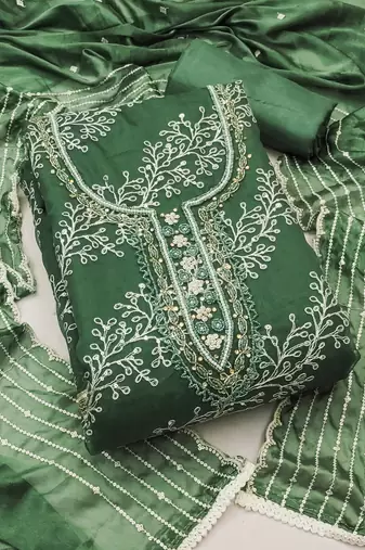 Green Viscose Organza Embroidered Unstitched Dress Material