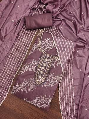 Wine Viscose Organza Embroidered Unstitched Dress Material 1