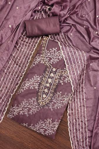 Wine Viscose Organza Embroidered Unstitched Dress Material