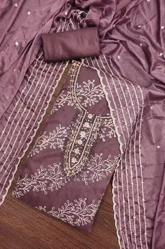 Wine Viscose Organza Embroidered Unstitched Dress Material