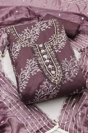Wine Viscose Organza Embroidered Unstitched Dress Material
