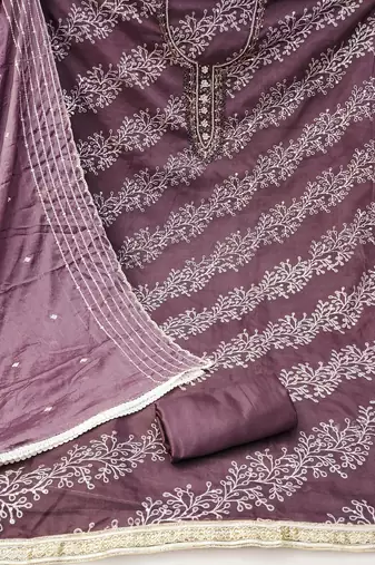 Wine Viscose Organza Embroidered Unstitched Dress Material