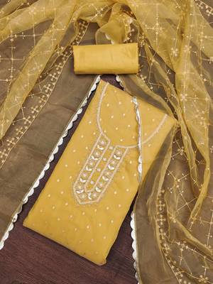 Yellow Viscose Organza Banarasi Unstitched Dress Material 1