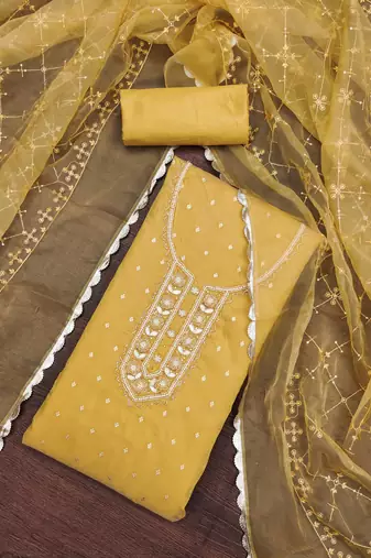 Yellow Viscose Organza Banarasi Unstitched Dress Material