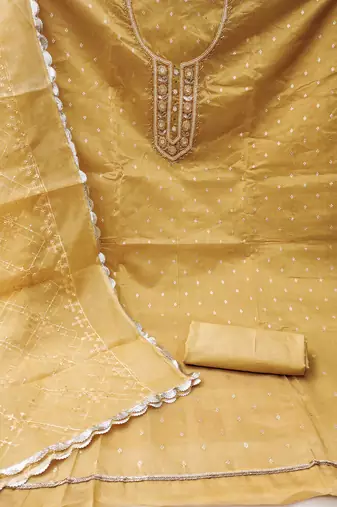 Yellow Viscose Organza Banarasi Unstitched Dress Material