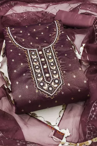 Wine Viscose Organza Banarasi Unstitched Dress Material