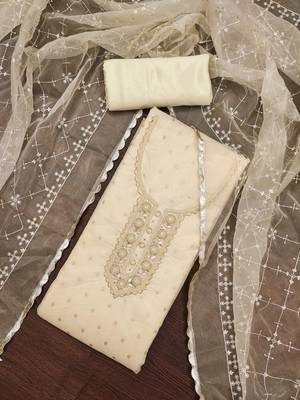 White Viscose Organza Banarasi Unstitched Dress Material 1