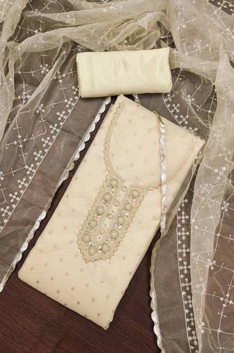 White Viscose Organza Banarasi Unstitched Dress Material