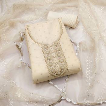 White Viscose Organza Banarasi Unstitched Dress Material 2