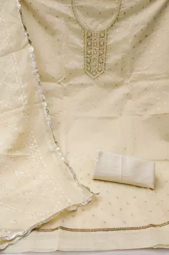 White Viscose Organza Banarasi Unstitched Dress Material