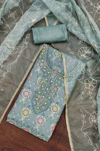 Grey Viscose Organza Position Work Unstitched Dress Material