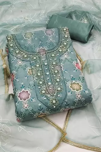 Grey Viscose Organza Position Work Unstitched Dress Material