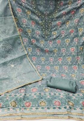 Grey Viscose Organza Position Work Unstitched Dress Material 3