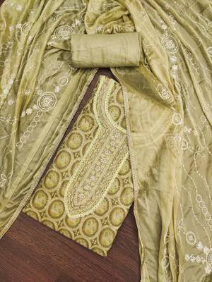 Olive Viscose Organza Position Work Unstitched Dress Material 1