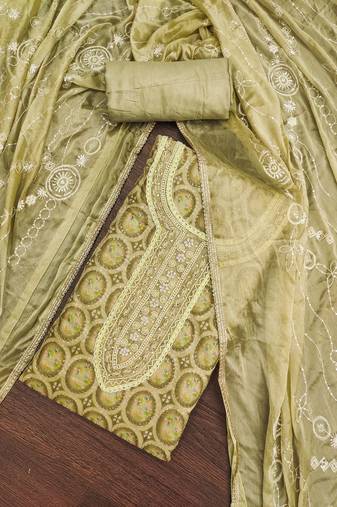 Olive Viscose Organza Position Work Unstitched Dress Material