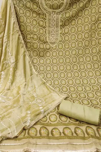 Olive Viscose Organza Position Work Unstitched Dress Material
