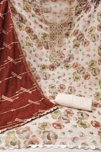 Peach Viscose Organza Position Work Unstitched Dress Material