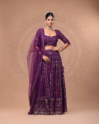 Magenta Sequin Embellished Designer Lehenga Set     Heavy Embroidered Lehenga Choli 1