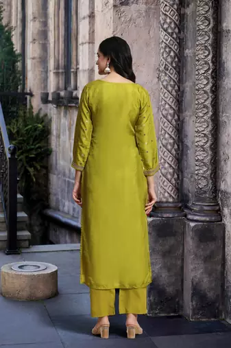 Trendmalls Green Satin Embroidery Kurta Pant Set with Banarasi Dupatta for Women