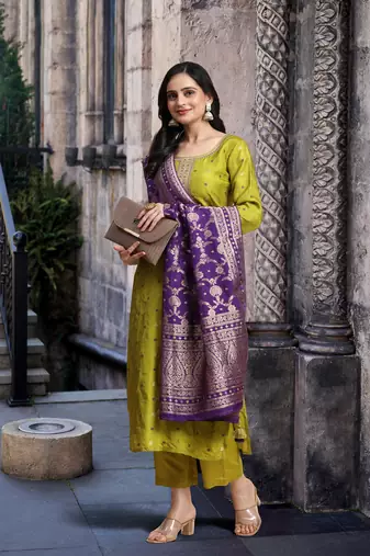 Trendmalls Green Satin Embroidery Kurta Pant Set with Banarasi Dupatta for Women