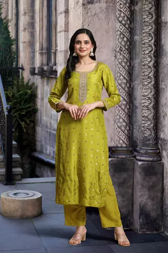 Trendmalls Green Satin Embroidery Kurta Pant Set with Banarasi Dupatta for Women