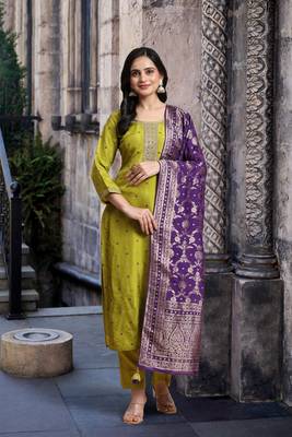 Trendmalls Green Satin Embroidery Kurta Pant Set with Banarasi Dupatta for Women 6