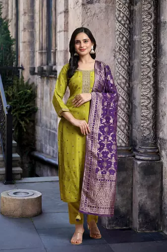 Trendmalls Green Satin Embroidery Kurta Pant Set with Banarasi Dupatta for Women