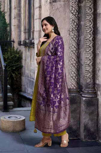 Trendmalls Green Satin Embroidery Kurta Pant Set with Banarasi Dupatta for Women
