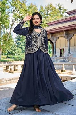 Trendmalls Women's Silk Embroidery Shrug Pleated Kurta Pant with Dupatta Set 1