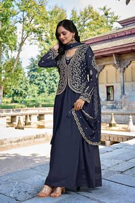 Trendmalls Women's Silk Embroidery Shrug Pleated Kurta Pant with Dupatta Set 4