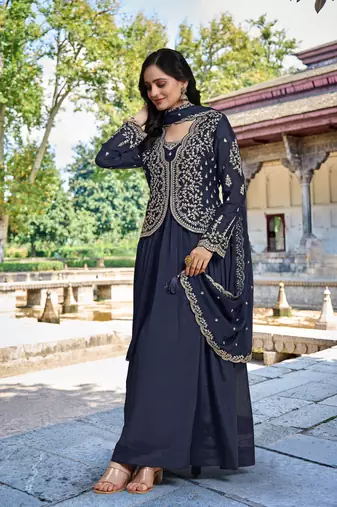 Trendmalls Women's Silk Embroidery Shrug Pleated Kurta Pant with Dupatta Set