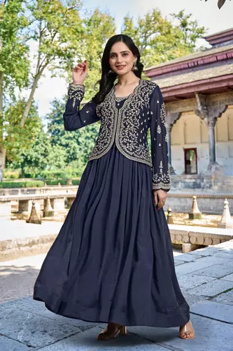 Trendmalls Women's Silk Embroidery Shrug Pleated Kurta Pant with Dupatta Set