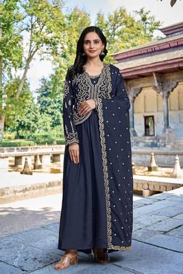 Trendmalls Women's Silk Embroidery Shrug Pleated Kurta Pant with Dupatta Set 6